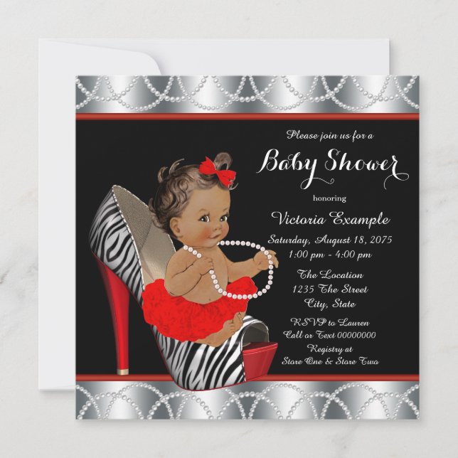 Invitation Red Zebra Pearl Chaussure haute talon Baby shower  (Devant)
