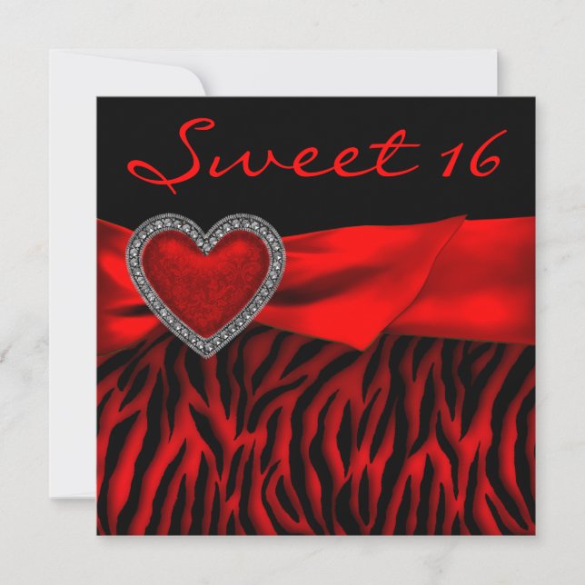 Invitation Red Zebra Red Heart Sweet 16 Party (Devant)