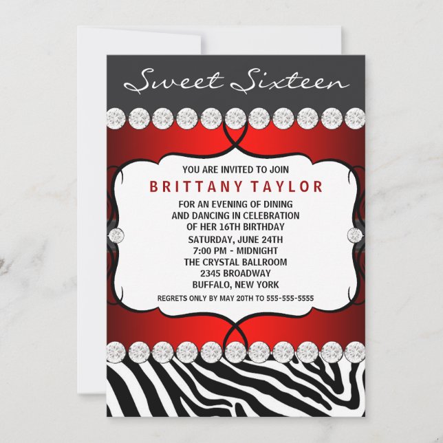 Invitation Red Zebra Sweet sixteen fête d'anniversaire (Devant)