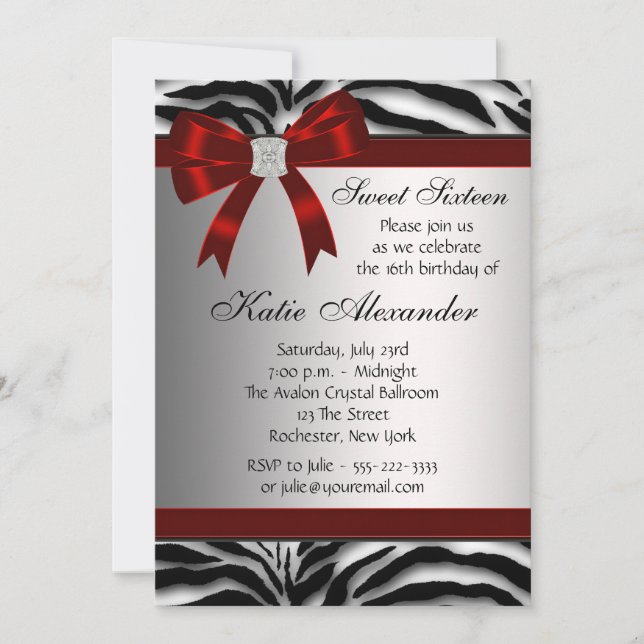 Invitation Red Zebra Sweet sixteen fête d'anniversaire (Devant)