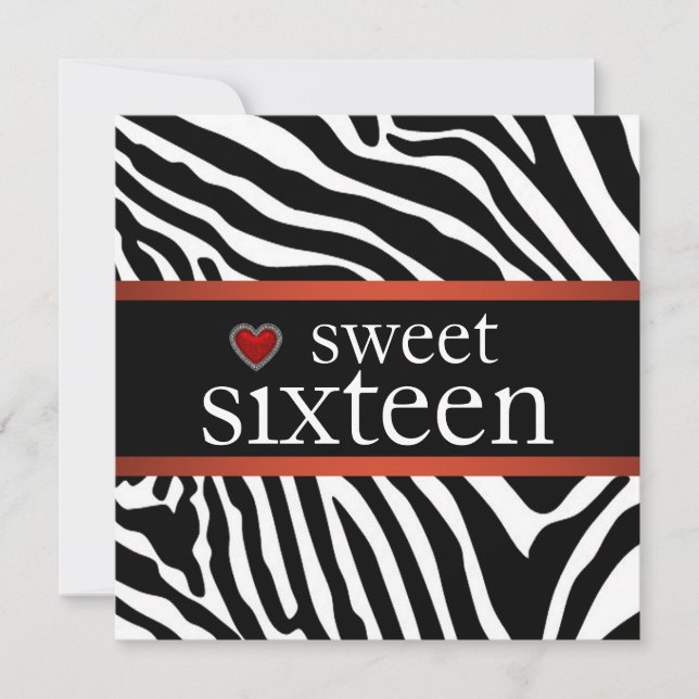 Invitation Red Zebra Sweet sixteen fête d'anniversaire (Devant)