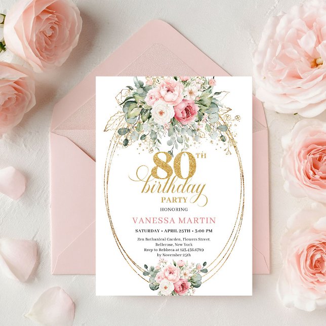 Invitation Refined Blush Roses Eucalyptus Gold 80th Birthday (Refined Blush Roses Eucalyptus Gold 80th Birthday)
