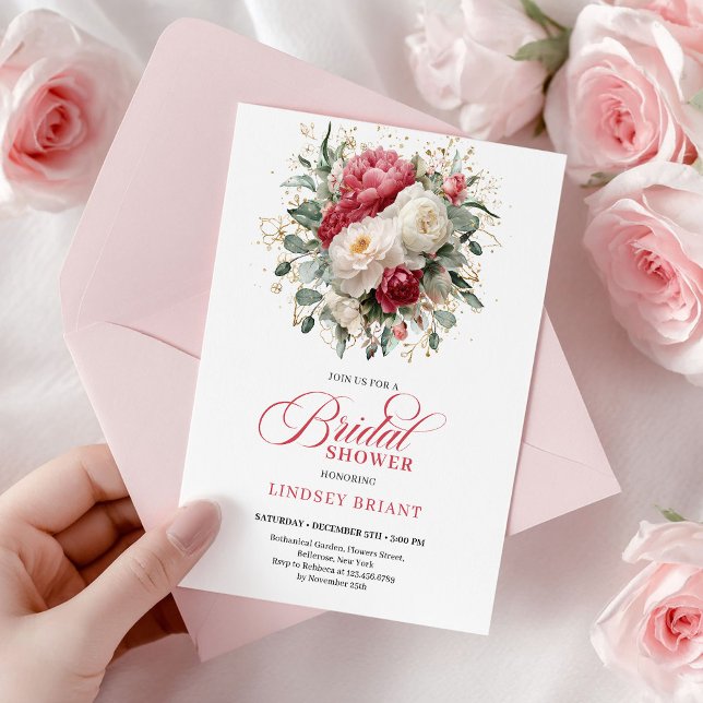 Invitation Refined Bohemian Crimson Red White Gold Shower (Refined Bohemian Crimson Red White Gold Shower)