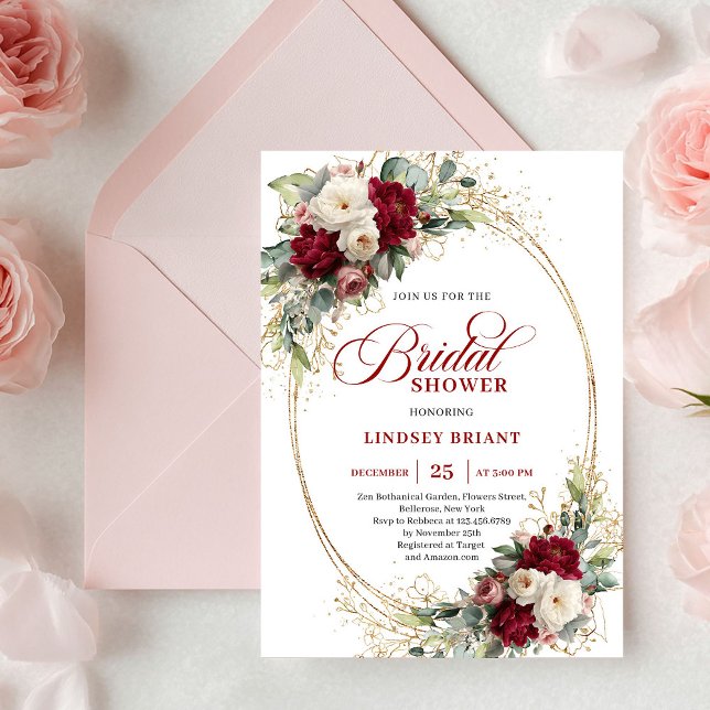 Invitation Refined Deep Red Floral Gold Bridal Shower Invite (Refined Deep Red Floral Gold Bridal Shower Invite)