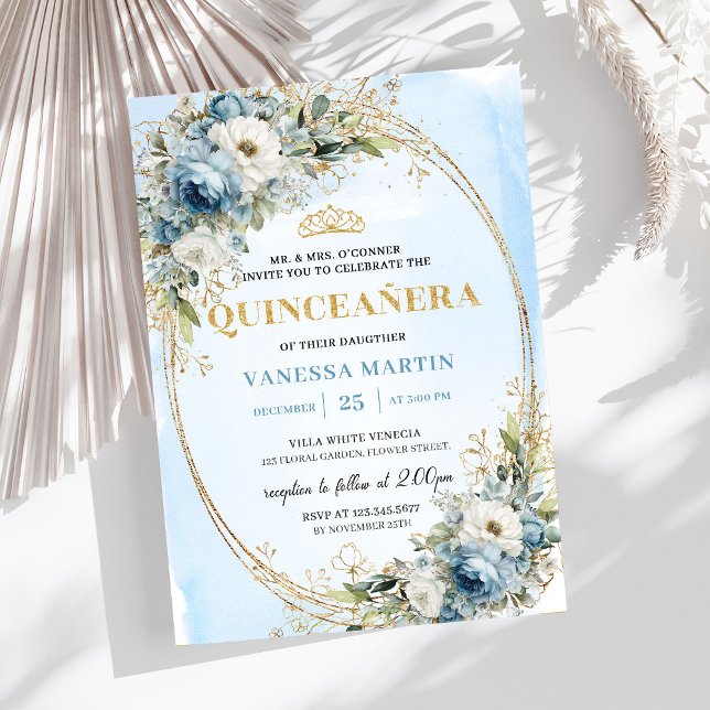 Invitation Refined Dusty Blue Gold Greenery Quince 15 (Refined Dusty Blue Gold Greenery Quince 15)