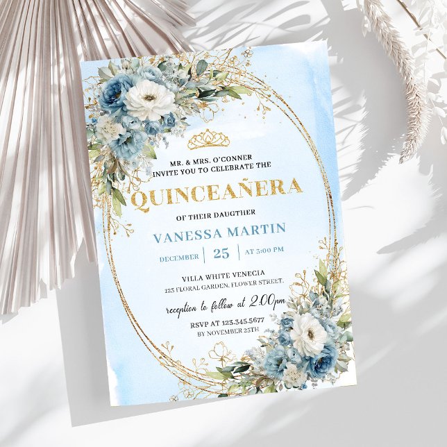 Invitation Refined Dusty Blue Gold Greenery Quince 15 Invite (Refined Dusty Blue Gold Greenery Quince 15 Invite)