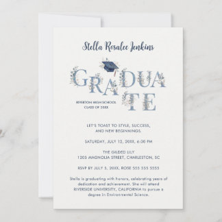 Invitation Refined Navy Blue Floral Botanical Photo Grad