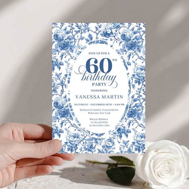 Invitation Refined Navy Roses Floral Toile 60th Birthday  (Refined Navy Roses Floral Toile 60th Birthday Invite)