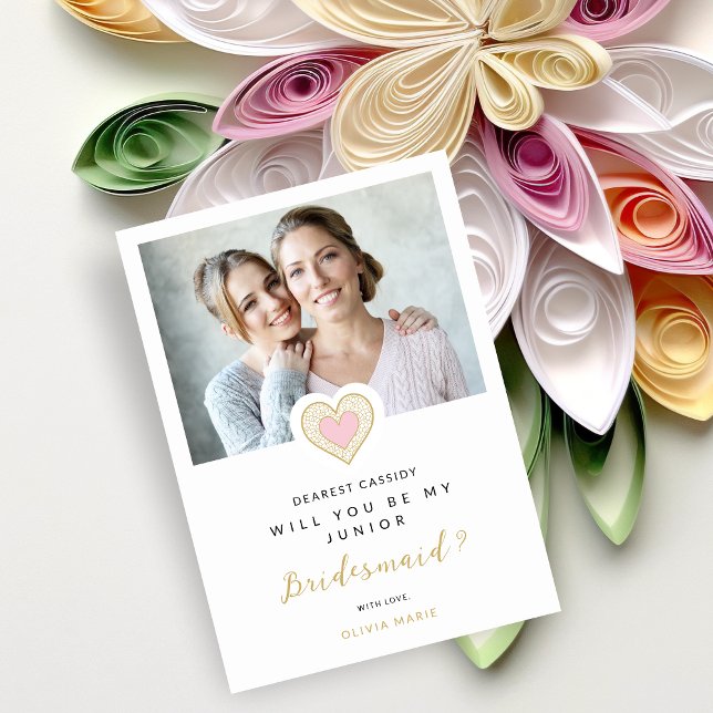 Invitation Refined Pink Lace Heart Photo Jr Bridesmaid (Romantic Refined Cute Pink Lace Heart Photo Jr Bridesmaid Proposal Card.)