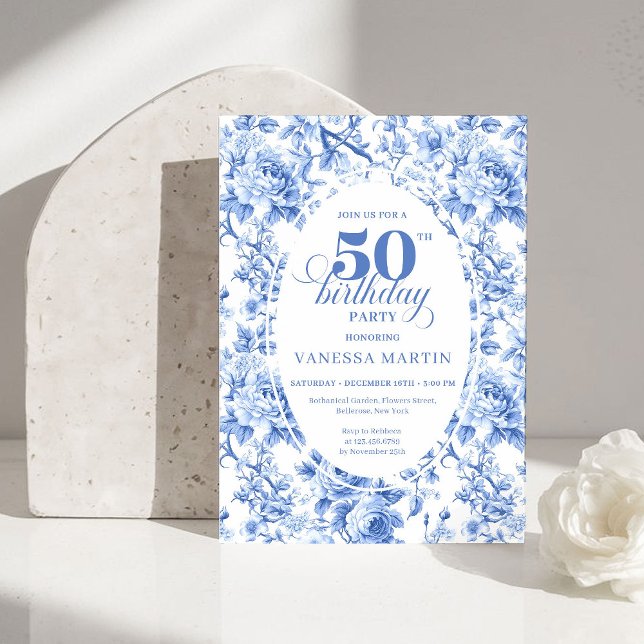 Invitation Refined Royal Blue Toile de Jouy Floral 50 Birthd (Refined Royal Blue Toile de Jouy Floral 50th Birthday)
