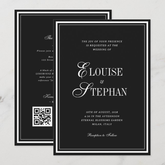 Invitation Refined Script Black White QR Code Details Wedding (Devant / Derrière)