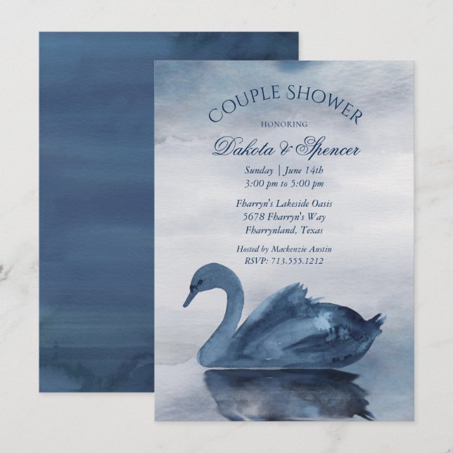 Invitation Réflexions des lacs | Dusty Blue Swan Couple Douch (Devant / Derrière)