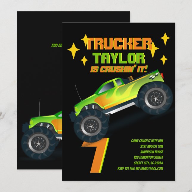 Invitation REFROIDISSEMENT Monster Truck Neon Anniversaire Fê (Devant / Derrière)