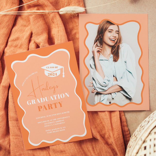 Invitation Refroidissement photo de l'image de l'image ondulé (Peach retro wavy frame photo graduation invitation)