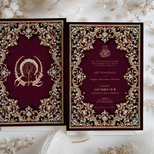 Invitation Regal Bourgogne bijoux d'or antique Mariage islami
