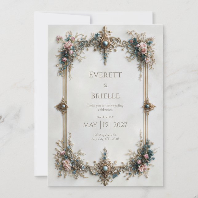 Invitation Regal Gold Filigree Gemstone Wedding (Devant)