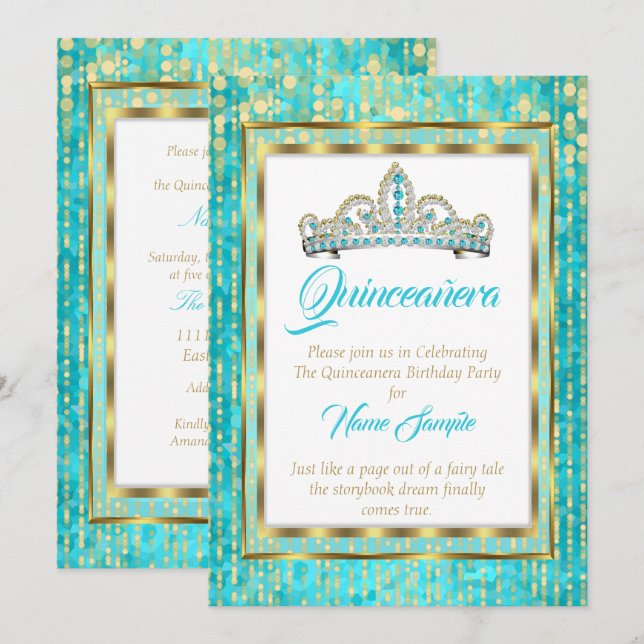 Invitation Regal Princess Bleu Turquoise Quinceanera Or Blanc (Devant / Derrière)