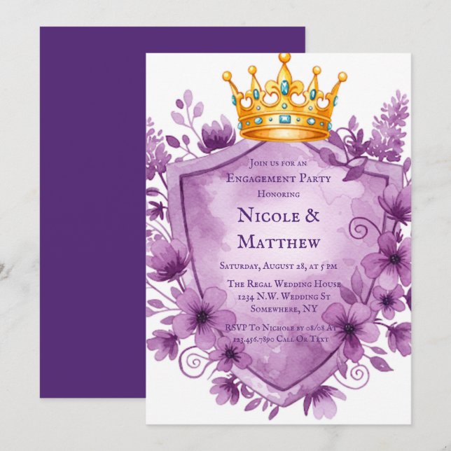 Invitation Regal Purple Floral Crest (Devant / Derrière)