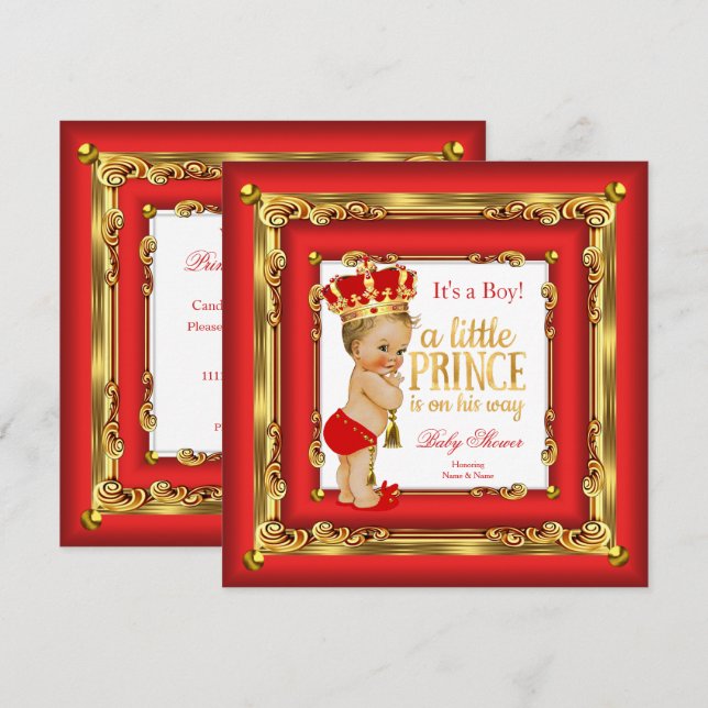 Invitation Regal Red Gold Prince Baby shower Blonde Boy (Devant / Derrière)