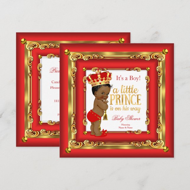 Invitation Regal Red Gold Prince Baby shower Ethnic Boy (Devant / Derrière)