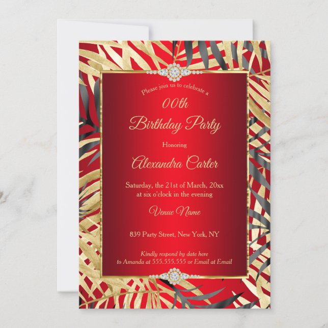 Invitation Regal Red Grey Gold Palms Diamond Anniversaire (Devant)