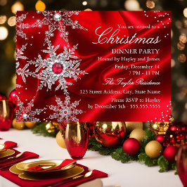 Invitation Regal Red Pearl Snowflake Christmas Dinner Party