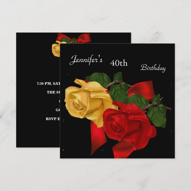 Invitation Regal Rouge jaune Rose 40e anniversaire fête Noir (Devant / Derrière)