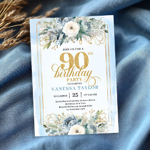 Invitation Regard bleu doré enchanteur pour 90e anniversaire