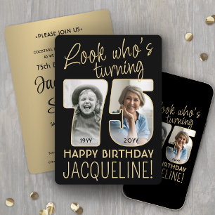 Invitation Regardez qui a 75 ans Fête d'anniversaire noir et