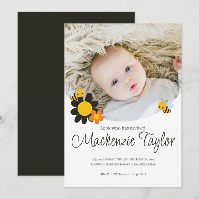 Invitation Regardez qui est ici Nouveau bébé abeille thème Fa (Devant / Derrière)