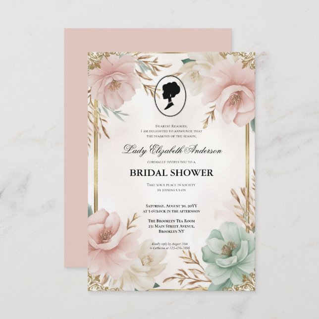 Invitation régence Florals Bridgerton Fête des mariées Invit (Devant / Derrière)