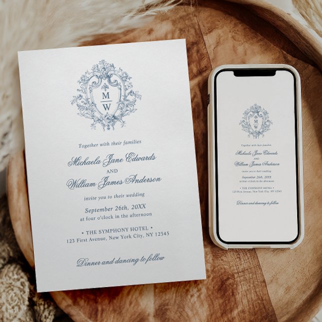 Invitation Régence vintage Monogramme Crest Mariage non photo (Créateur téléchargé)