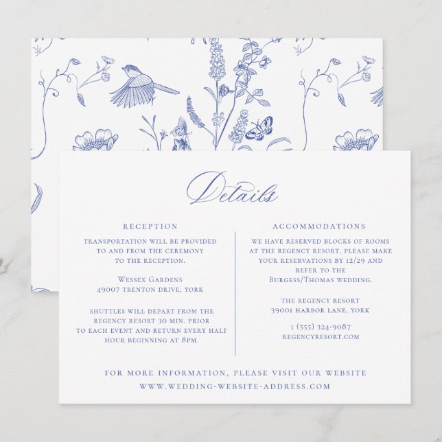 Invitation Regency Blue Floral Mariage Details Card (Devant / Derrière)