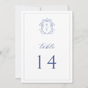 Invitation Regency Blue Monogram Crest Mariage Numéro de tabl