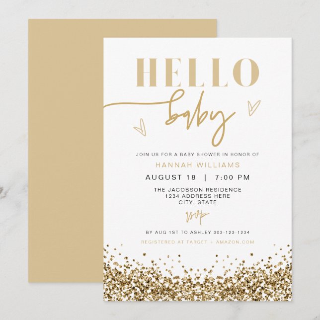 Invitation REGINA Hello Baby Jaune Sequins d'or Baby shower (Devant / Derrière)
