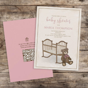 Invitation Registre cadeau de la fille rose Vintage Teddy Bea