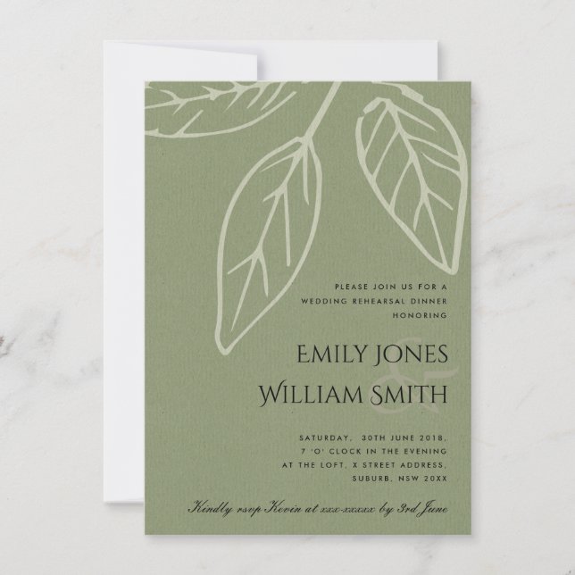 INVITATION REHEARSAL DÎNER CONTEMPORAIN GREEN KRAFT FEUILLES (Devant)