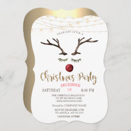 Invitation Reindeder Face, String Lights Gold Christmas Compa