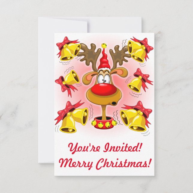 Invitation Reindeer amusant Caricature de Noël avec cloches A (Devant)