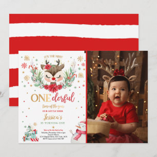 Invitation Reindeer Noël 1er anniversaire Red Winter Deer