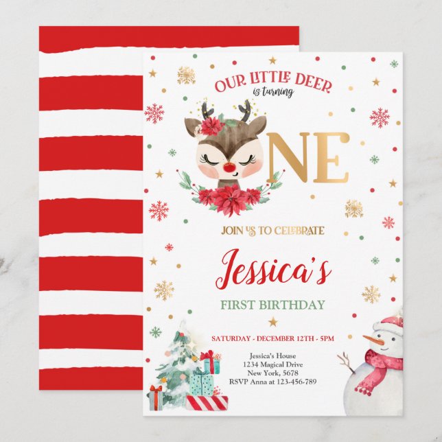 Invitation Reindeer Noël 1er anniversaire Red Winter Deer (Devant / Derrière)