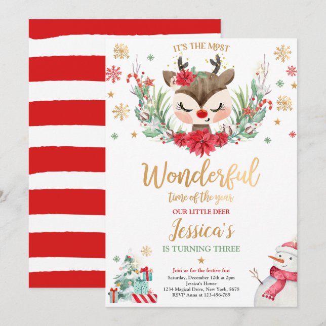 Invitation Reindeer Noël Anniversaire de la fête Red Winter D (Devant / Derrière)
