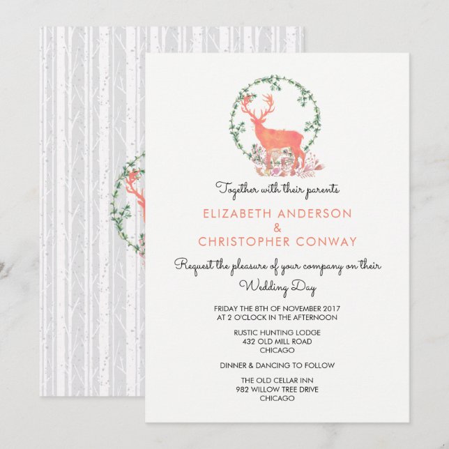Invitation Reindeer Rustique Botanique Aquarelle Mariage (Devant / Derrière)