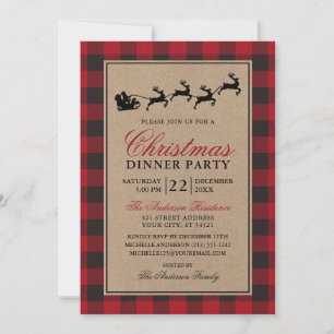 Invitation Reinder rouge Plaid Dîner de Noël