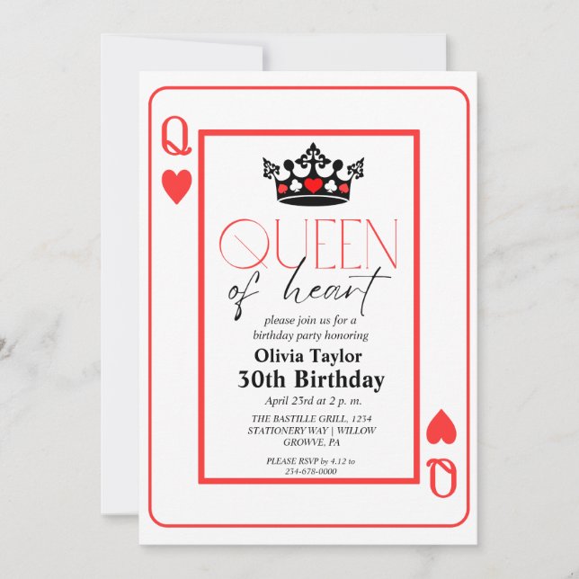 Invitation Reine de coeur fête d'anniversaire (Devant)