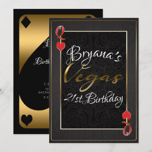 Invitation Reine de cœur Rouge Noir Or Vegas 21e Anniversaire