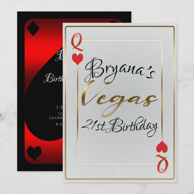 Invitation Reine des Coeurs Rouge Or Blanc Vegas 21e annivers (Devant / Derrière)