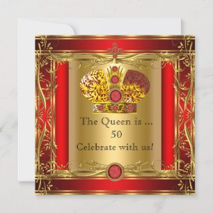 Invitation Reine ou Roi Régale Rouge Or 50e Fête d'Anniversai