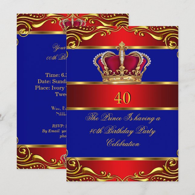 Invitation Reine Prince King Regal Rouge or bleu couronne (Devant / Derrière)