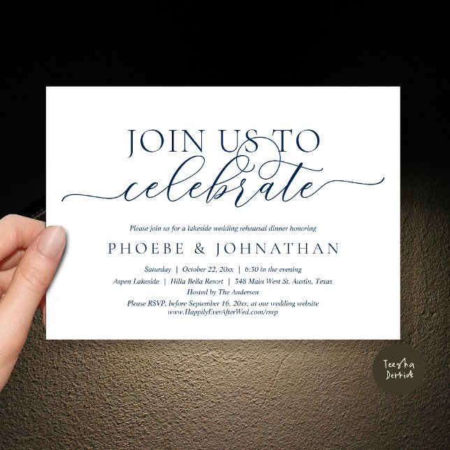 Invitation Rejoignez-Nous Pour Célébrer, Dîner De Répétition  (Join Us To Celebrate, Romantic Wedding Rehearsal Dinner Invitation Card, PDF, in Navy Blue)